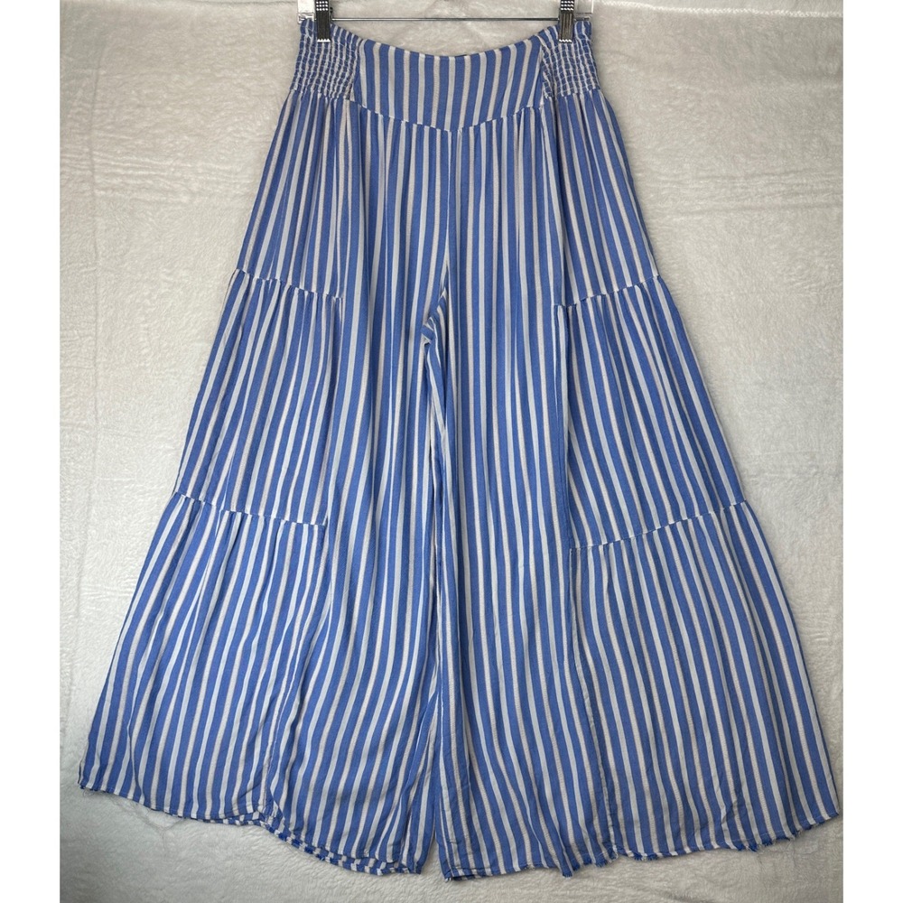 Angie Wide Leg Pants Womens L Blue White Stripe Tiered Smocked Rayon